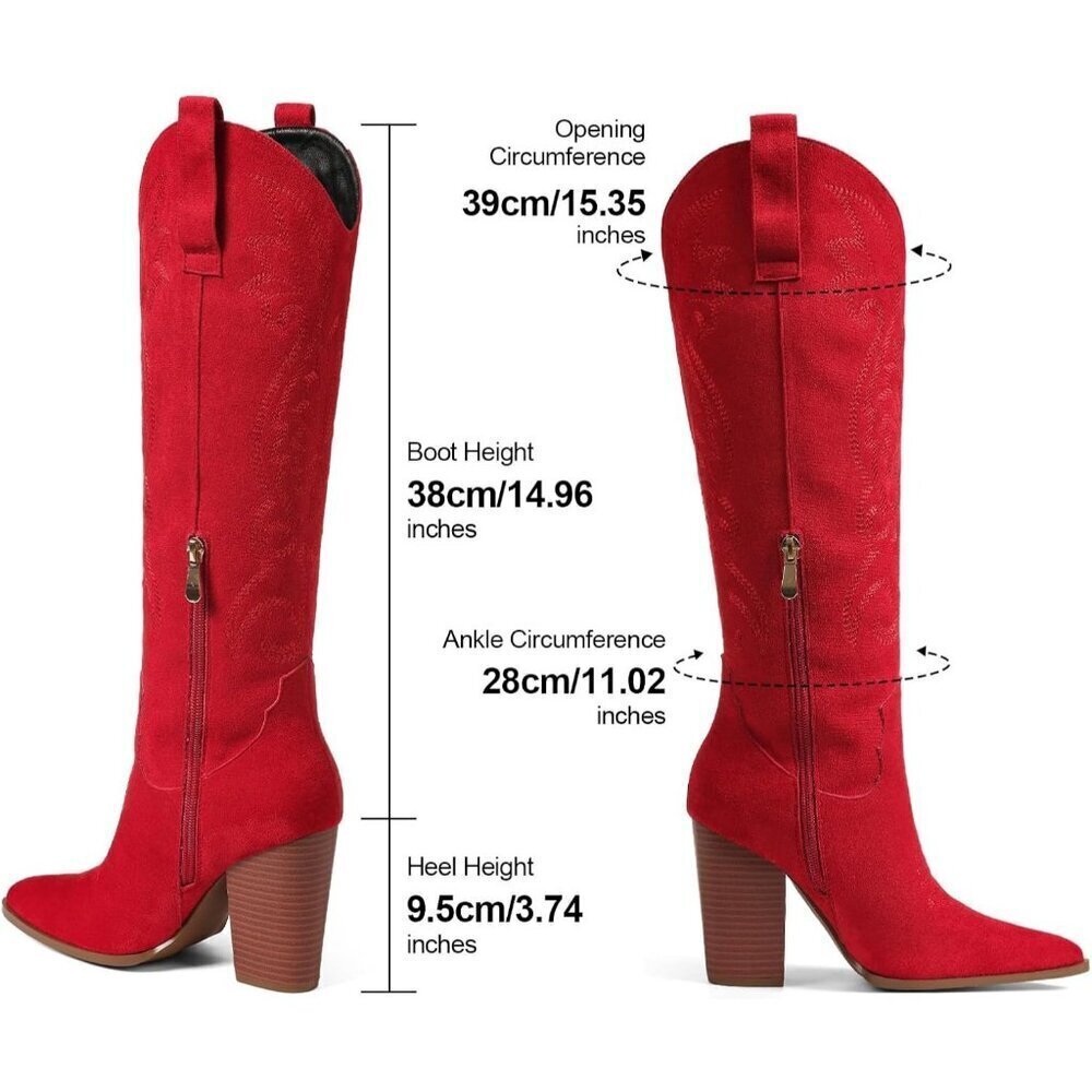 Women's Embroidered Wide Calf Chunky Knee High Heels Western Red Boots - Picture 5 of 7